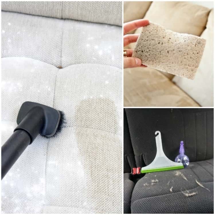 3-photo collage of upholstery tips - fabric seat being vacuumed, squeegee and water in a spray bottle on car seat with clumps of pet hair, and person's hand holding up a dirty sponge with microfiber couch in the background. 
