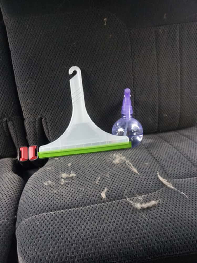 upholstery tips - squeegee and water in spray bottle on car seat with clumps of pet hair