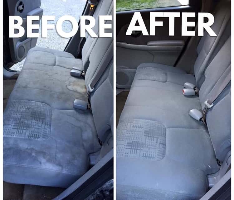 upholstery tips - A Before & After photo collage of dirty and clean car seat