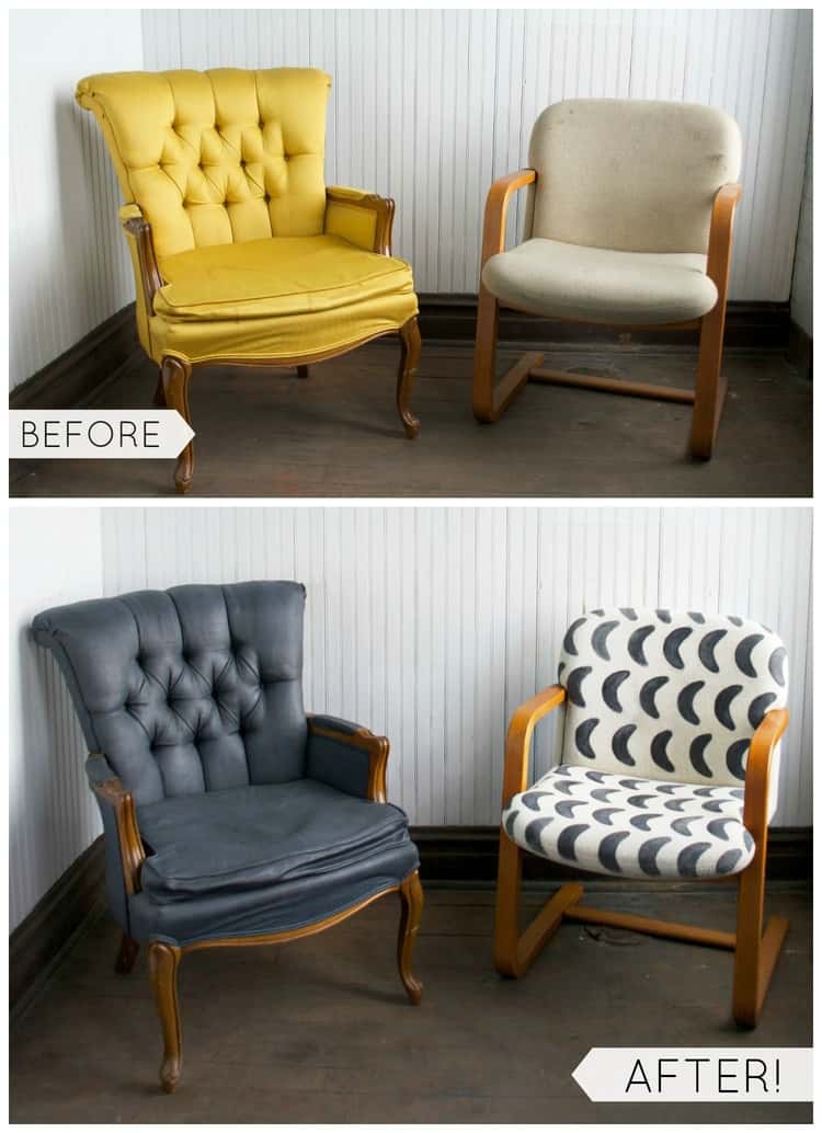 upholstery tips - 2-photo collage of Before & After photos of upholstery transformation through fresh and different coats of paint on 2 chairs