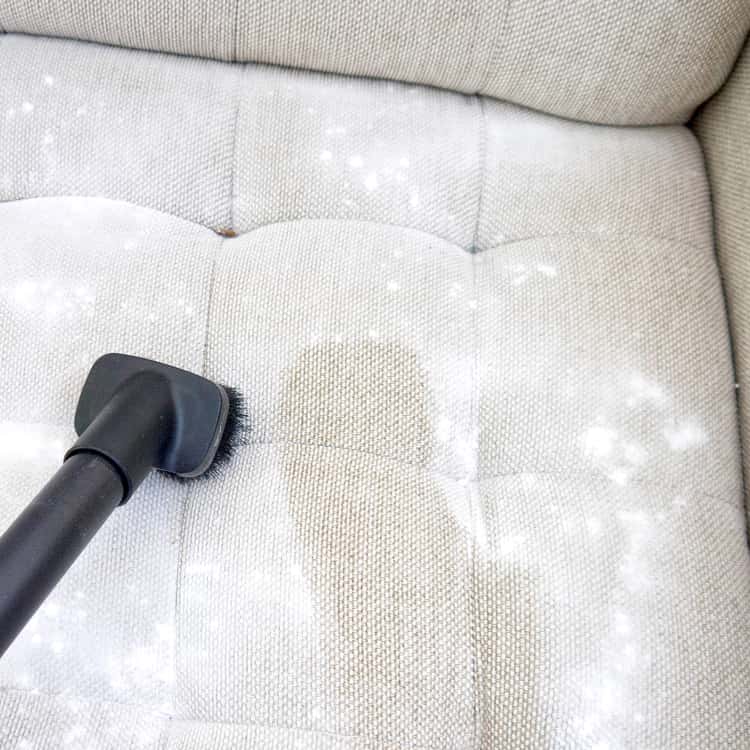 upholstery tips - fabric couch being vacuumed 