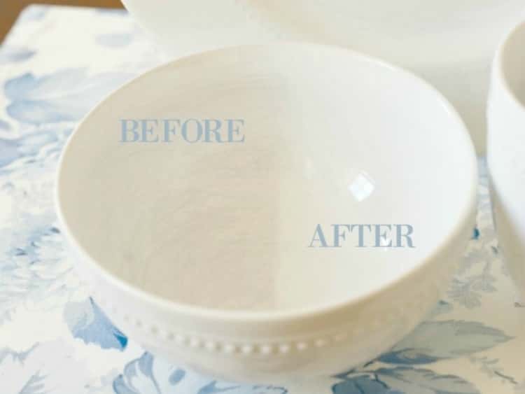 white dish with scratches on one side and the word "before", on the other is shiny and nice with the word "after".