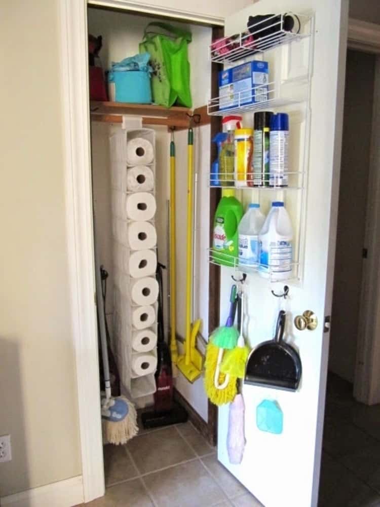 Mount wire shelves inside the utility closet door