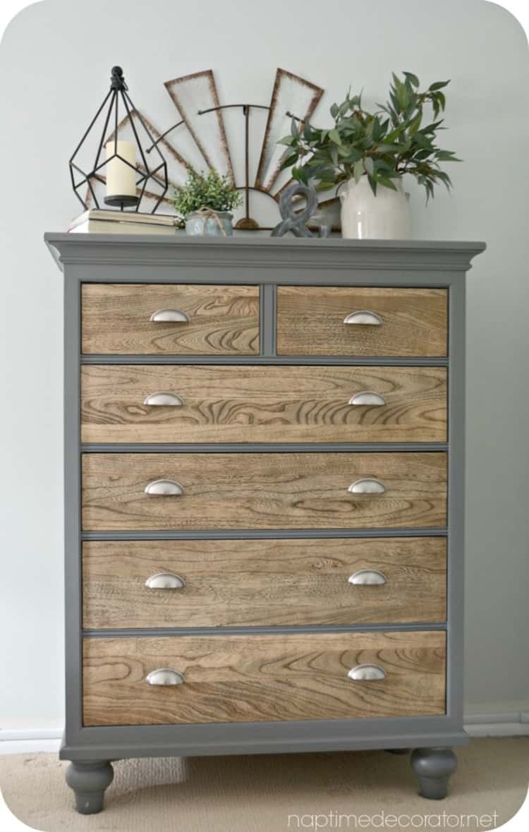 dresser makeover - dresser made over by painting its frame, leaving the drawers the same, and changing its drawer pulls. 