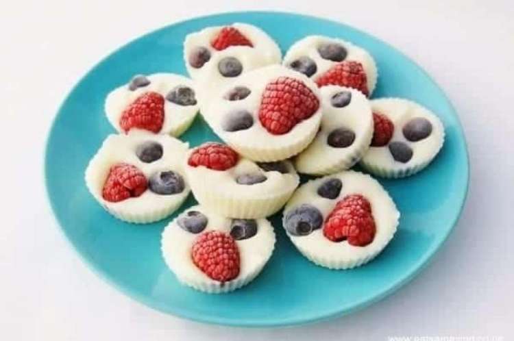 Frozen fruity yogurt bites on blue plate