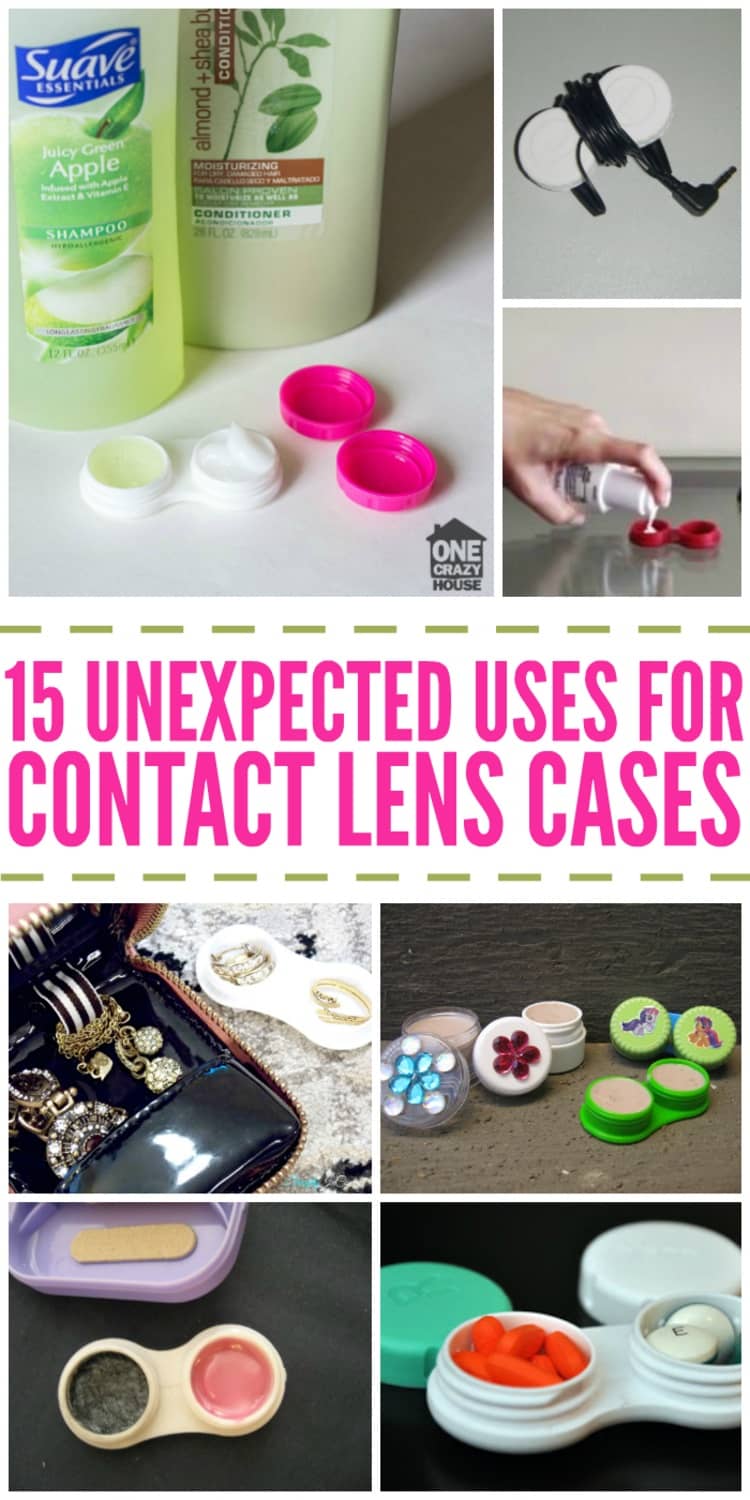 15 unexpected uses for contact lenses collage shampoo conditioner and an opened contact lens case with pink covers, contact lens case with earbuds, foundation in contact lens container, jewelry in contacts container, makeup in contacts container, pills in contacts containers