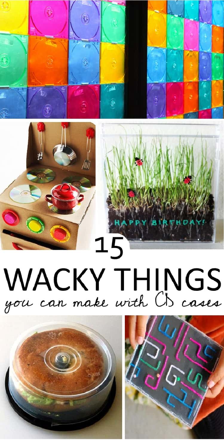 15 wacky things to do with old cd cases collage wall from colorful cd cases, diy cardboard play kitchen, birthday card with germinated seed, bagel lunch box, kids maze in a cd case