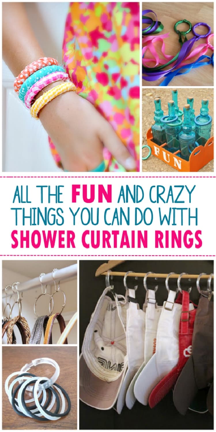 16 Unexpected Ways to Use Shower Curtain Rings collage - diy bracelets, dance rings, diy ring toss game, handbags hanging on a rod with shower curtain hooks, elastic bands on shower hooks, hats stored on a rod with shower curtain rings