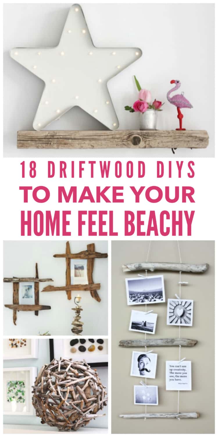 18 Driftwood DIYs to Give Your Home a Beachy Feel collage diy floating shelf, DIY photo frames, orb, photo display