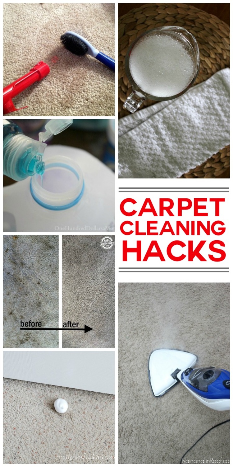 10 carpet cleaning hacks collage carpet with a brush, solution pouring in a container, carpet cleaning solution, steamer