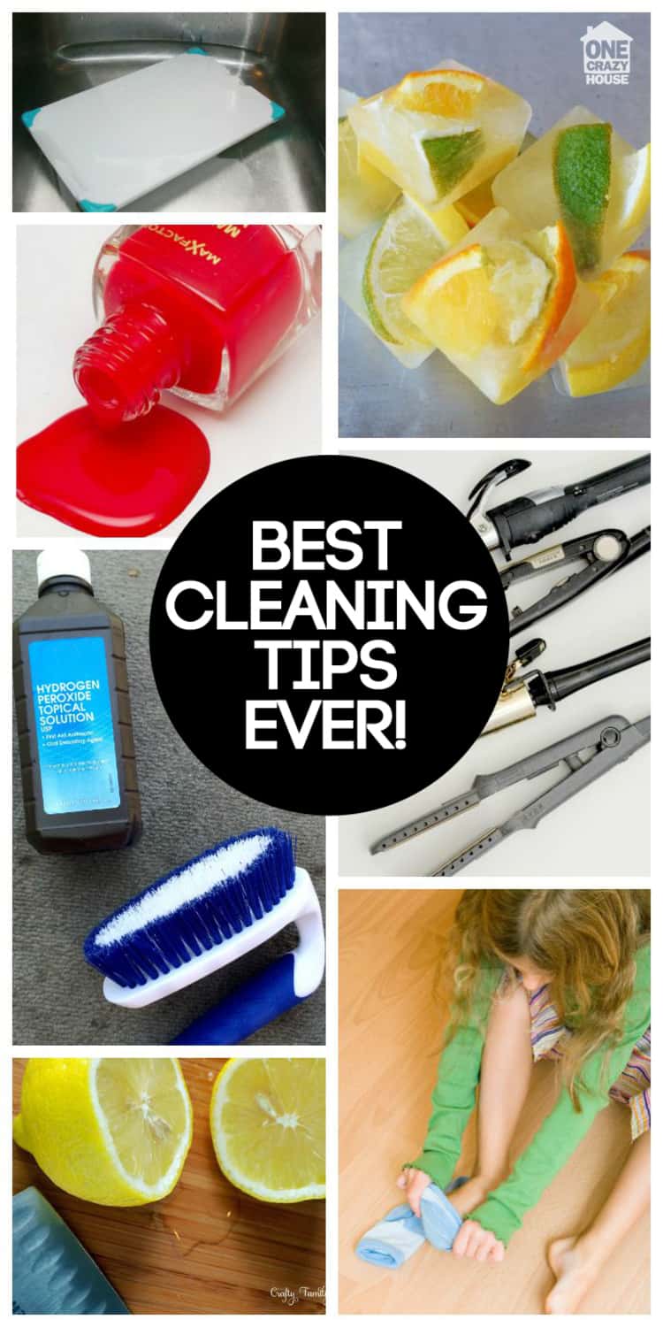 15 Cleaning Tips to Make Life Easier collage pictures of plastic cutting board, nail polish, diy disposal cleaner, hair syling tools, dishwasher liquid and a brush, lemon, socks mopping