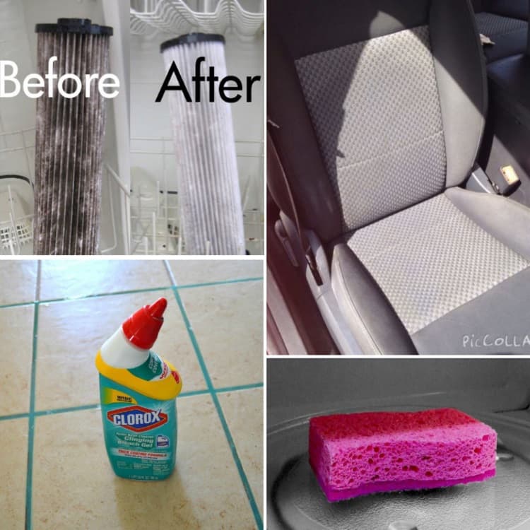 cleaning tips collage vacuum cleaner filter before and after, clean car seat, clorox cleaner, pink sponge in a microwave