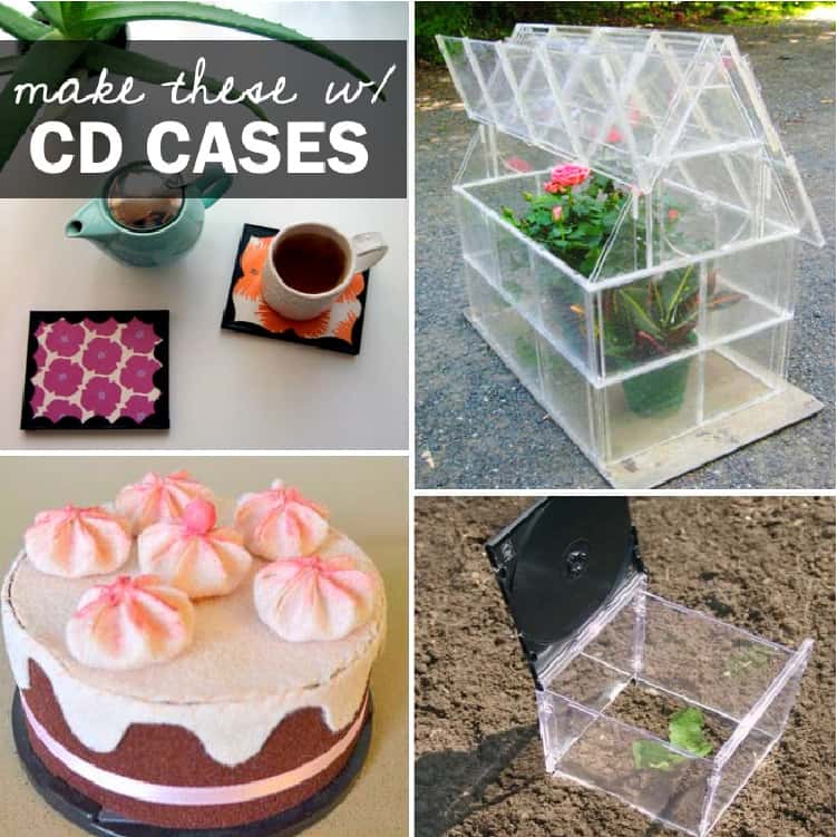 collage diy cd case projects - drink coasters, plant greenhouse, fake felt cake and a seed starter box