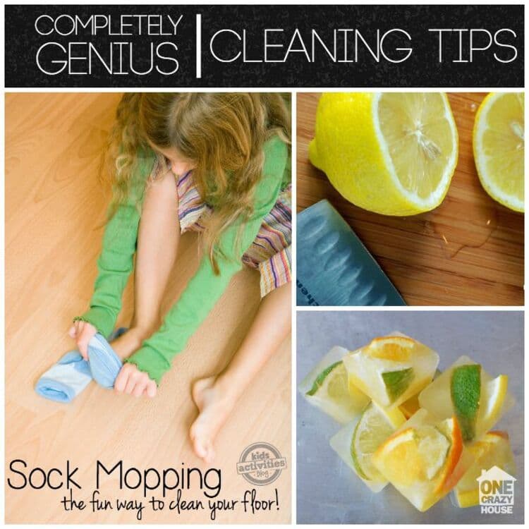 completely genius cleaning hacks collage socks mopping, lemon, diy garbage dosposal cleaner