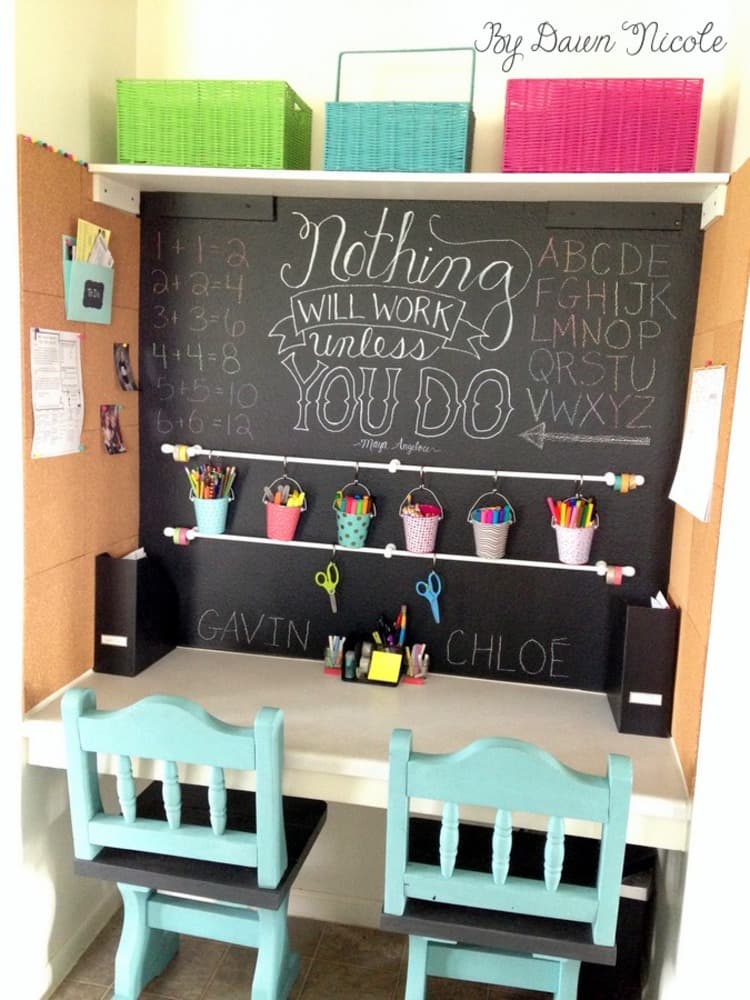 DIY Homework Center with a blackboard backsplash with setup for two kids