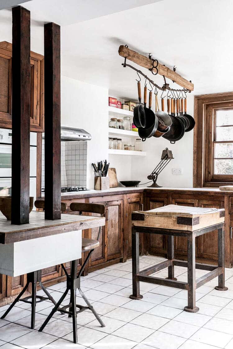 At the center of the kitchen is an island work surface made of a Victorian-era butcher