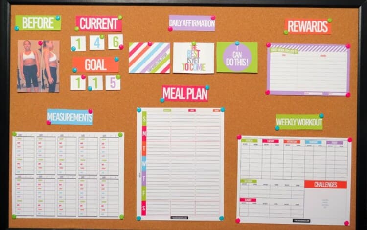 fitness and meal plan command center on a cork board