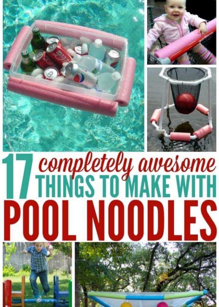 Genius uses for pool noodles- collage of pool noodles surrounding a clear plastic bin to create floating drink cooler, baby in a shopping cart with pool noodle covering handle, a pvc piping basketball hoop with cut noodles on base to make it a floating pool game, child jumping over a noodle, pool noodles strung together and holding a white netting material and hung as an overhead canopy for outdoor setting 