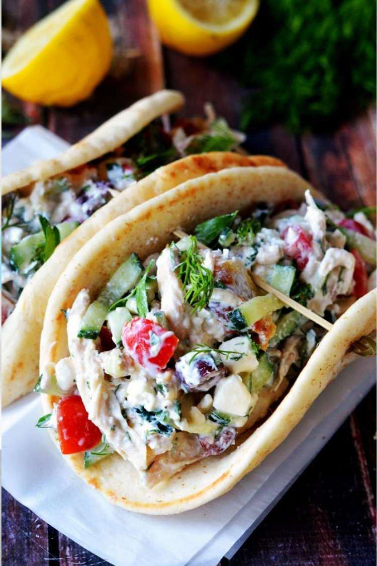 OneCrazyHouse 26. Easy Greek Tzatziki Chicken Salad on Pita Bread