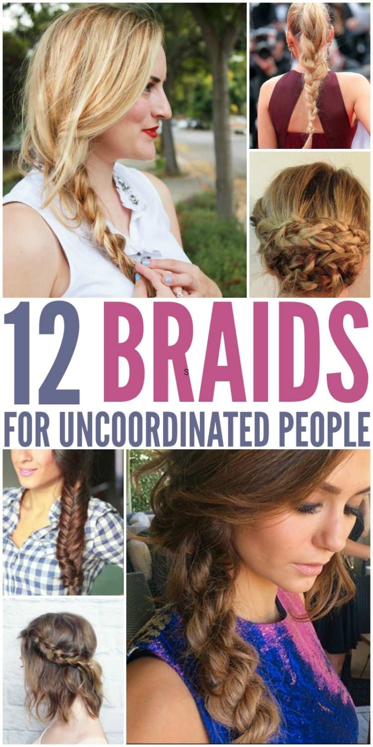 12 Braids for Uncoordinated People Pin collage- side braid, braided crown, mermaid braid