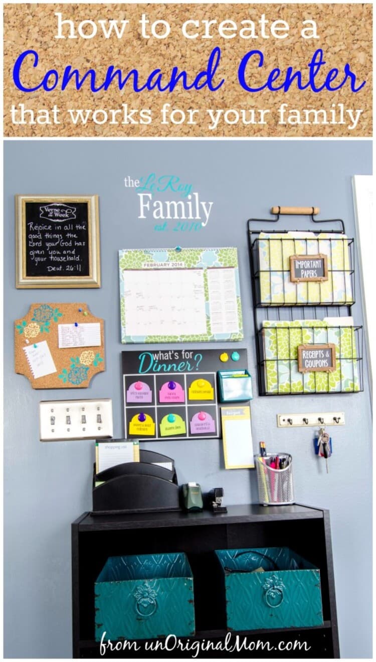 family command center with a blackboard, corckboard, calendar, menu with dinner ideas with recipe cards, magazine storage on the wall and boxes