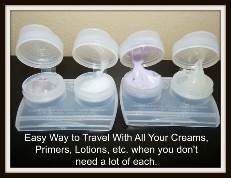 contact lens cases filled with creams, primers, lotions and other cosmetics