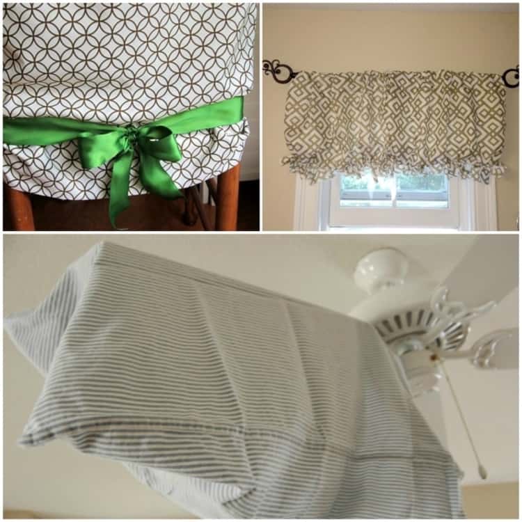 photo collage of repurposed pillowcases - as a window valance, to clean ceiling fans, and to dress dining chairs 