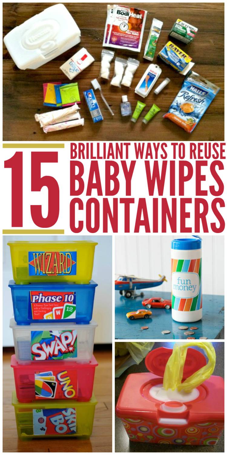 Image collage with the words, "15 Brilliant Ways to Reuse Baby Wipes Containers." Image of a wipes container and travel-sized products for mini first-aid kit; image of baby wipes containers with different game card labels stacked on top of each other; image of baby wipes container with the label "fun money" on it next to toy cars and coins; image of an open baby's wipes container with a plastic bag handle sticking out of the top.