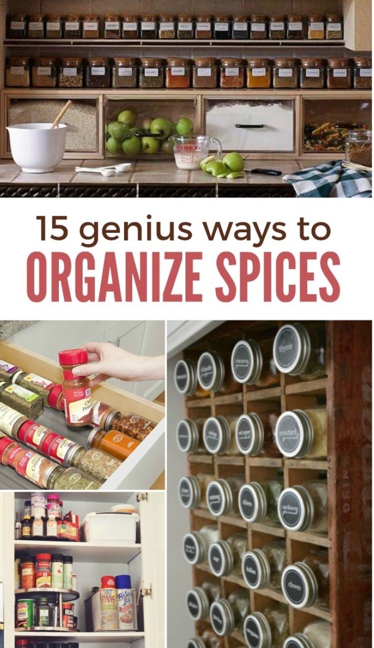 shelf lined with matching spice jars in a row