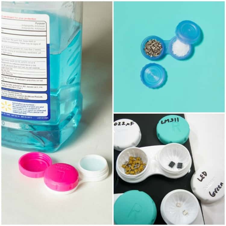 contact lens cases use collage mountwas and contact lens containers, black pepper and salt in a blue contact lens container, and led lamps and microchips stored in contact lens container