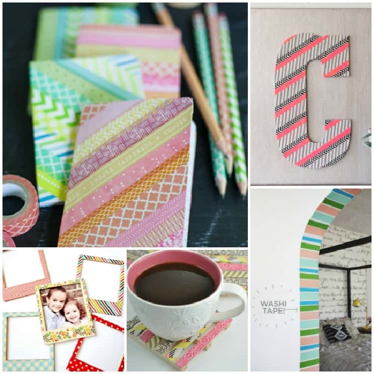 16 Incredibly cool things to do with washi tape collage Pinterest - diy notebooks, cardboard letter for nursery, frames with washi tape, mini pallet coasters, entrance accent