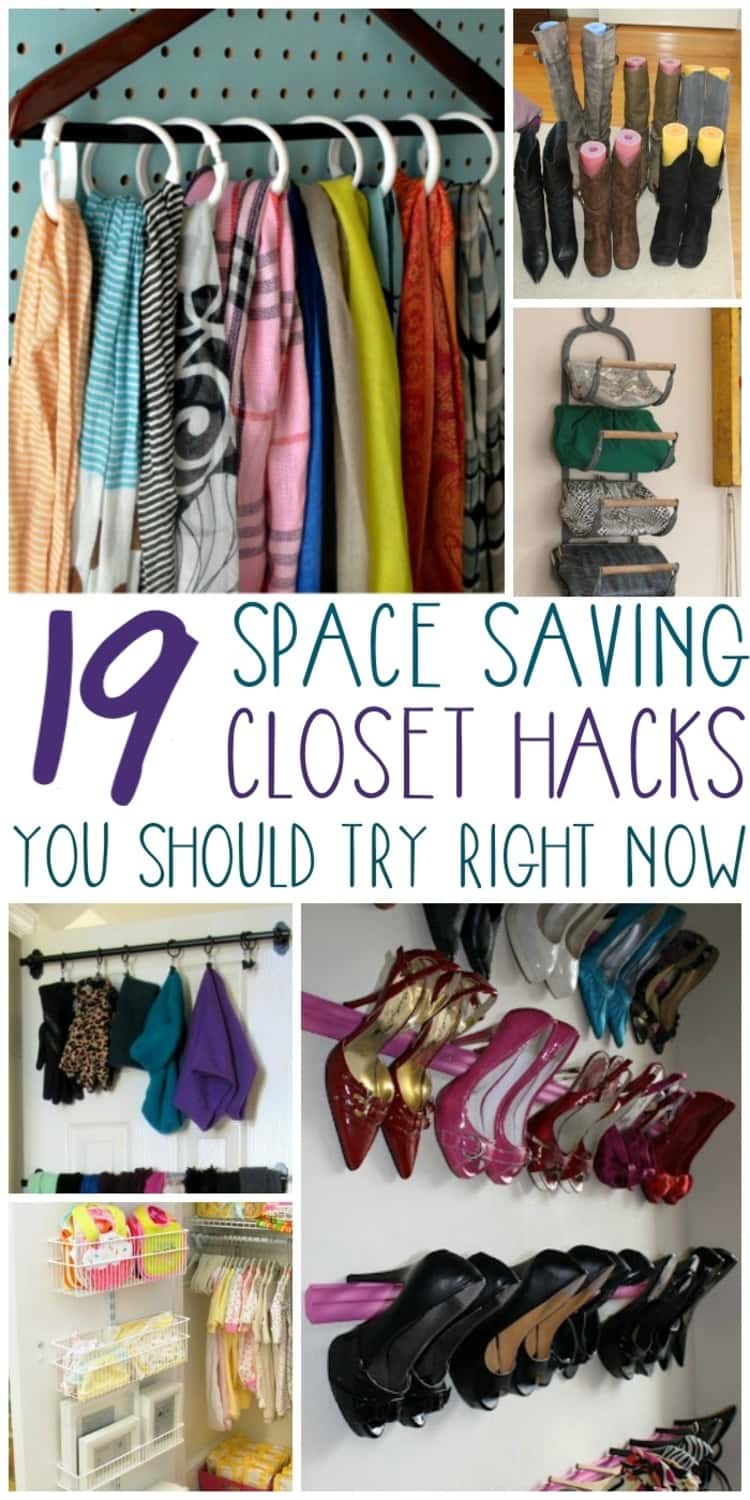 photo collage of 19 SPACE SAVING CLOSET HACKS YOU SHOULD TRY RIGHT NOW - hanging scarves on shower curtain rings, using pool noodles to prevent floppy boot syndrome, clutch bags stored on a wine rack, high heels stored in the closet using crown moldings, using wire baskets to store small baby items in your closet, and using curtain rods to store winter accessories in your closet. 