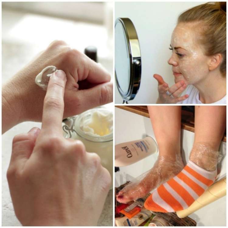 three pictures of dry skin tips one with a woman putting a mask in front of a mirror, feet covered with an orange stripe socks, hands with cream in one hand and the other hand spreading it to the hand