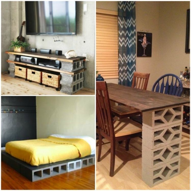 College of different ways to use cinderblocks around the house, such as the kitchen table, bed frame, and entertainment center. 