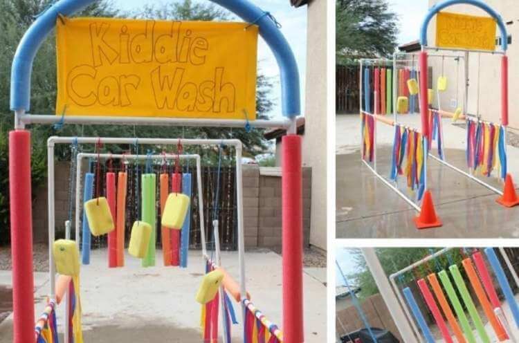 collage of kid car wash made from pool noodles