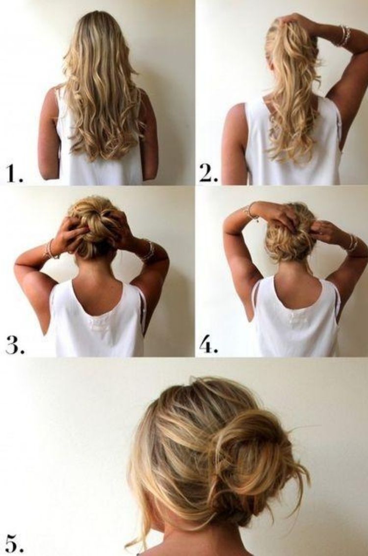 This 5 picture tutorial collage shows just how to get that perfect messy beach hair bun for summer.