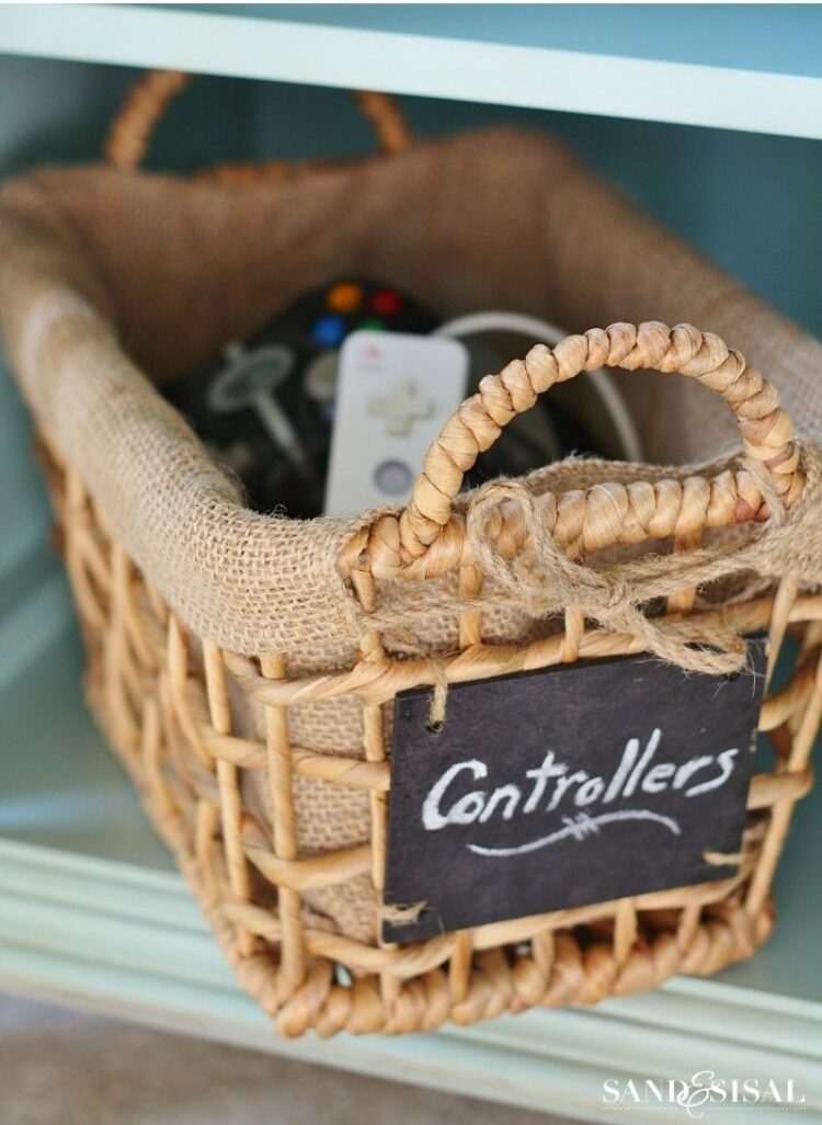 Reuse decorative baskets to hold all your remote controls out of sight. 