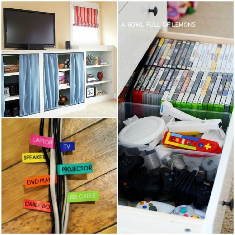 Collage of cord labeling, utilizing dresser drawers, and curtains on your entertainment center to hide clutter. 