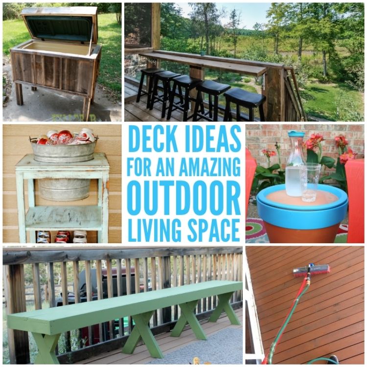Outdoor deck ideas collage of benches and coolers, pallet bars and drink stations. 