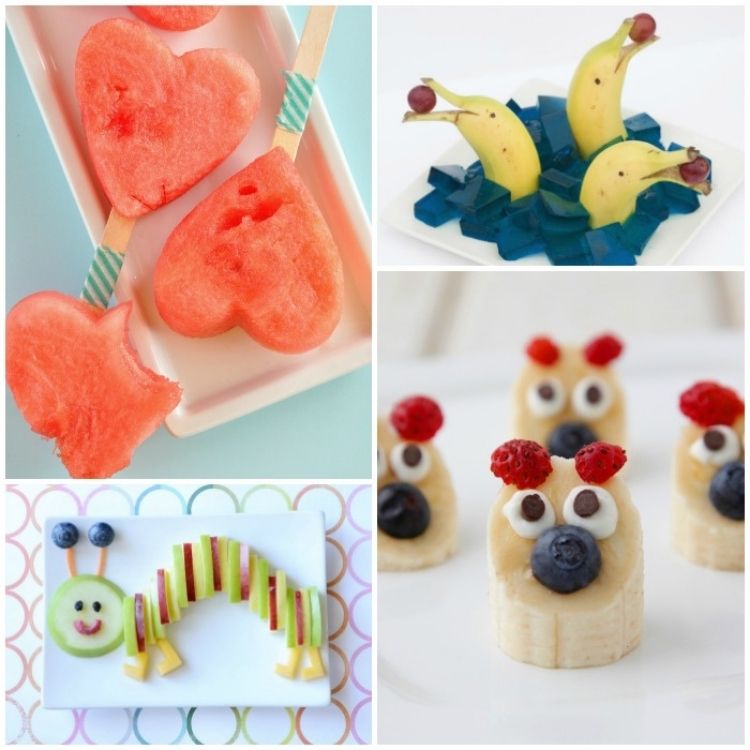 Four Picture collage of clever ways to serve fruit to your kids. 