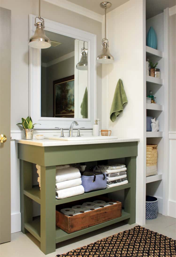 Bathroom vanity under sink open shelving storage