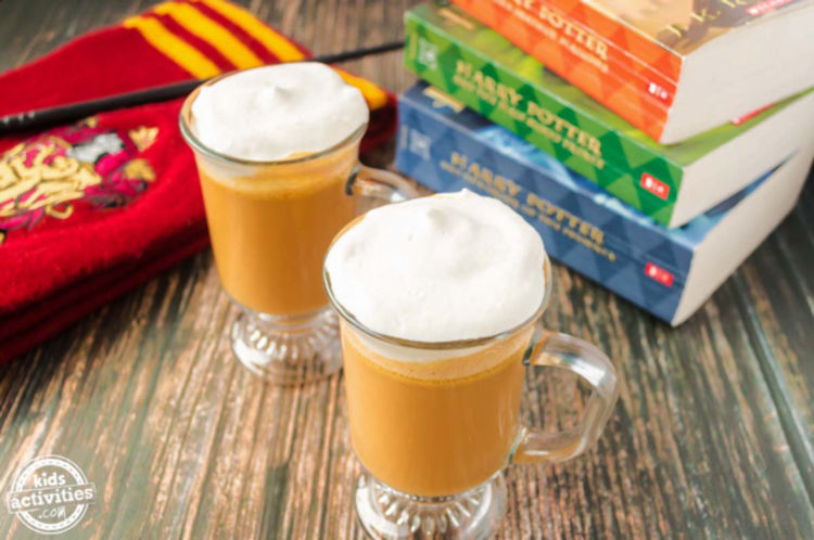 Butterbeer recipe for kids from Kids Activities Blog - two mugs of butterbeer shown