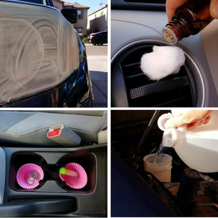 photo collage of someone cleaning and taking care of their car - cleaning the outside, using some essential oil, replacing cupcake liners if they had coffee spills, and filling up the water tank with water. 