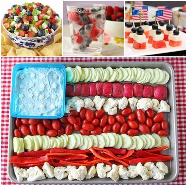 Collage of 4th of July food ideas - berry and jicama salad, berry ice cubes, watermelon mozzarella and blueberry appetizers, fruit salad shaped like an American flag