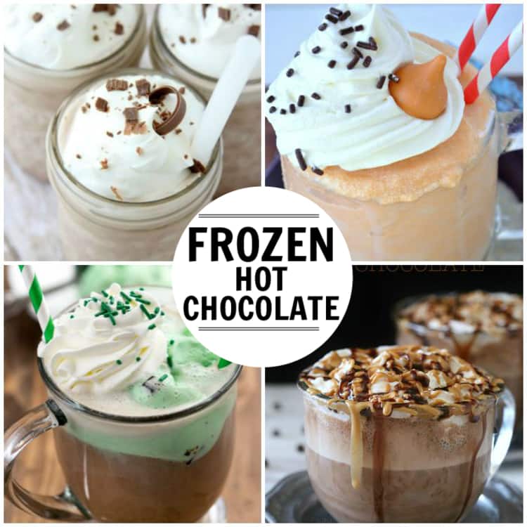 A photo collage showing different frozen hot chocolate recipes - a frozen hot chocolate recipe, a frozen pumpkin white hot chocolate in a mug, a frozen hot chocolate float in a mug and frozen peanut butter hot chocolate in a mug.