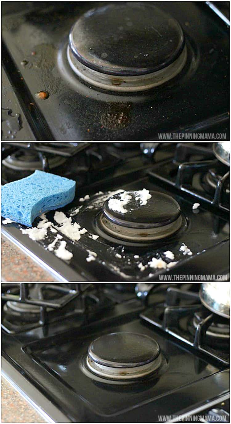 A grid of before, during and after picture of a clean stove top.