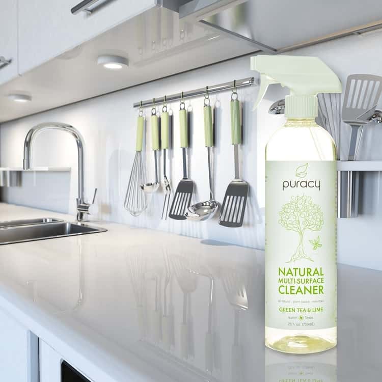 A spray bottle with all-purpose cleaning product in it.