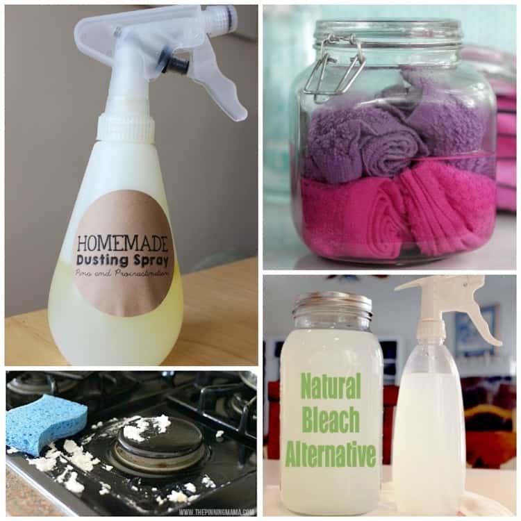 A grid picture of a spray bottle, a jar full of disinfecting wipes, stove top, jar of natural bleach Alternative and a spray bottle 