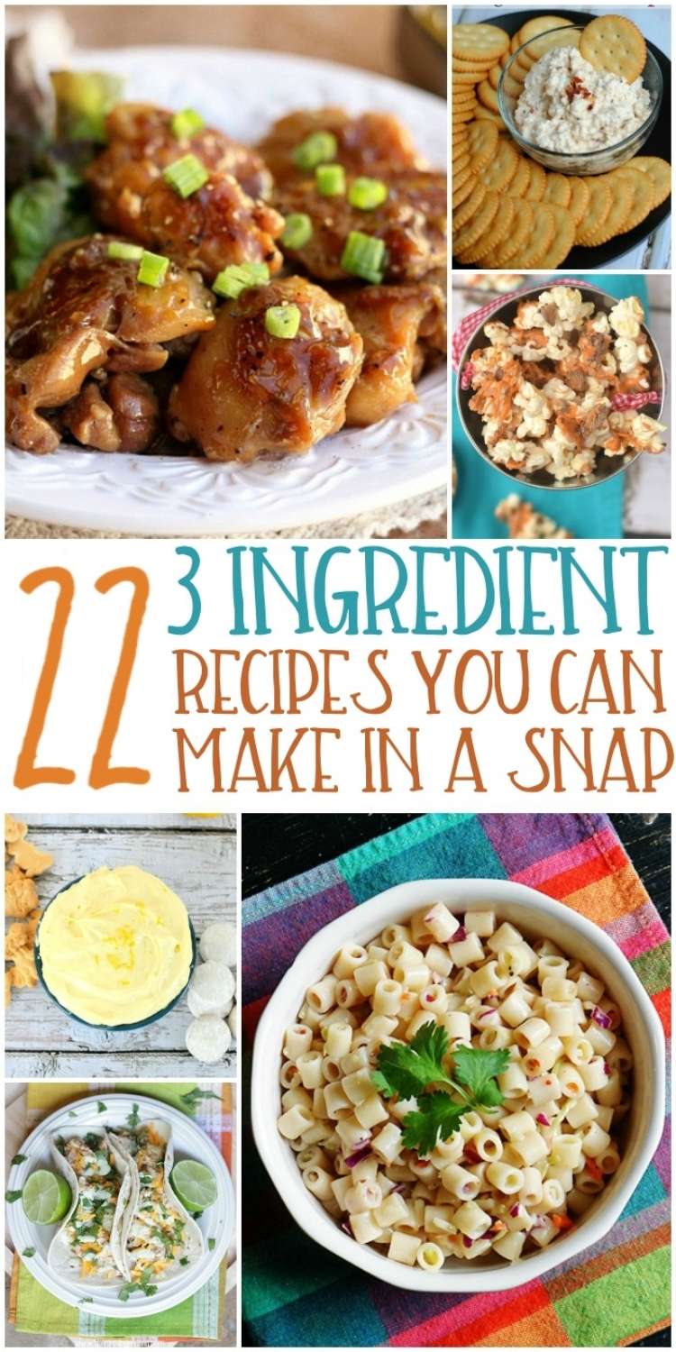 OneCrazyHouse 3 ingredient recipes Collage Photo Plate of Apple Juice Chicken Thighs garnished with green onions, cracker platter with crab dip bowl, toffee and butterscotch popcorn in a bowl, chicken tacos on a plate, 3-ingredient macaroni salad in a bowl