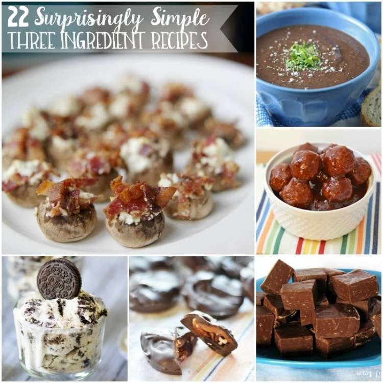 OneCrazyHouse 3 ingredient recipes collage image bacon and feta stuffed mushrooms on a plate, black bean soup garnished with cheese and chives, bowl of meatballs, bowl of homemade no churn icecream with cookie on top, homemade chocolate turtles, plate of slices of minty fudge